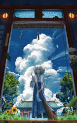 Rule 34 | 1girl, absurdres, architecture, blue eyes, blue sky, broom, cloud, commentary request, cumulonimbus cloud, day, east asian architecture, flower, grass, highres, holding, holding broom, looking at viewer, original, scenery, short hair, shuu illust, sky, solo, summer, sunflower, white hair
