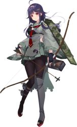 Rule 34 | 1girl, ahoge, arrow (projectile), bow (weapon), camouflage, flight deck, full body, gloves, hair flaps, hairband, haori, highres, japanese clothes, kantai collection, kujou ichiso, low twintails, muneate, official art, partially fingerless gloves, partly fingerless gloves, quiver, ryuuhou (kancolle), ryuuhou kai ni (kancolle), school uniform, serafuku, taigei (kancolle), transparent background, twintails, weapon, whale, yugake
