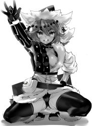 Rule 34 | &gt;:d, 1girl, :d, ajna (indivisible), arm up, armor, beads, belt, bracelet, breasts, buck teeth, coat, cosplay, dark skin, dark-skinned female, fur, greyscale, hair between eyes, hat, indivisible, jewelry, looking at viewer, monochrome, naso4, open mouth, panties, pouch, round teeth, short hair, smile, solo, spread legs, squatting, teeth, thighhighs, underwear, v-shaped eyebrows, white background, zebei (indivisible), zebei (indivisible) (cosplay)