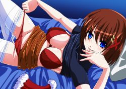 Rule 34 | 00s, 1girl, bed, blue eyes, blush, bra, breasts, brown hair, cleavage, clothes pull, groin, hair ornament, hat, highres, large breasts, looking at viewer, lyrical nanoha, mahou shoujo lyrical nanoha, mahou shoujo lyrical nanoha strikers, panties, pantyhose, pantyhose pull, red bra, red panties, santa hat, short hair, smile, solo, tappa (esperanza), thighs, underwear, white pantyhose, x hair ornament, yagami hayate