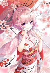 Rule 34 | 1girl, bad id, bad pixiv id, breasts, cherry blossoms, commentary, hair between eyes, hair ornament, highres, japanese clothes, kimono, large breasts, looking at viewer, lucid (maplestory), maplestory, pink eyes, pink hair, pointy ears, short hair, smile, umbrella, yaya (yayaa 00)