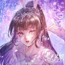 Rule 34 | 1girl, animal ears, arm up, artist request, braid, brown hair, douluo dalu, dress, earrings, falling petals, flower, hair ornament, highres, jewelry, long hair, looking to the side, parted lips, petals, pink dress, ponytail, rabbit ears, second-party source, solo, upper body, wisteria, xiao wu (douluo dalu)