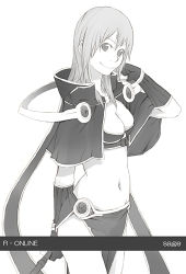Rule 34 | 1girl, bandeau, breasts, cleavage, greyscale, lowres, monochrome, pelvic curtain, ragnarok online, sage (ragnarok online), solo, white background, yoshito