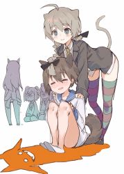 Rule 34 | 5girls, :d, ahoge, animal ears, bent over, black bow, blue sailor collar, blush, bow, braid, brown hair, cat ears, cat tail, character request, closed eyes, closed mouth, different shadow, dog ears, dog tail, grey jacket, hair bow, hougu souji, jacket, long hair, long sleeves, multiple girls, necktie, open mouth, sailor collar, school uniform, serafuku, shirt, sitting, smile, strike witches, striped clothes, striped legwear, striped thighhighs, tail, thighhighs, white background, white shirt, world witches series, yellow necktie