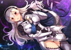 Rule 34 | 1girl, arm across waist, armor, bad id, bad pixiv id, blue cape, blush, breasts, cape, chinchongcha, corrin (female) (fire emblem), corrin (fire emblem), dragon girl, dragon tail, fire emblem, fire emblem fates, fire emblem heroes, gloves, hairband, highres, juliet sleeves, large breasts, long hair, long sleeves, looking at viewer, nintendo, open mouth, panties, pantyshot, pointy ears, puffy sleeves, red eyes, solo, sweat, tail, thigh gap, thighs, underwear