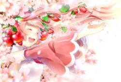Rule 34 | 1girl, apple, apple hair ornament, bare shoulders, cherry blossoms, closed eyes, detached sleeves, flower, food, food-themed hair ornament, food on head, from side, fruit, fruit on head, hair flower, hair ornament, hatsune miku, highres, komadori ui, leaf, long hair, nail polish, necktie, object on head, outstretched arms, petals, pink hair, pink nails, pink necktie, pink sleeves, pink theme, sakura miku, shirt, smile, solo, strawberry, strawberry hair ornament, twintails, upper body, very long hair, vocaloid, white shirt