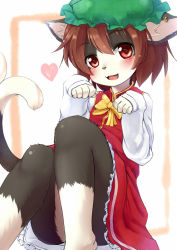 Rule 34 | 1girl, animal ears, bad id, bad nicoseiga id, barefoot, blush, bow, brown hair, cat, cat ears, cat tail, chen, dress, earrings, fang, furrification, furry, furry female, hat, heart, jewelry, kagerofu, looking at viewer, multiple tails, open mouth, paw pose, red eyes, ribbon, short hair, sitting, sleeves past wrists, solo, tail, touhou