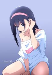Rule 34 | 1girl, bare shoulders, black hair, blue eyes, closed mouth, collarbone, dated, hand up, headband, highres, long hair, looking down, nii manabu, off shoulder, original, seiza, shirt, short sleeves, signature, sitting, solo, split mouth, white shirt