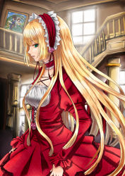 Rule 34 | 1girl, bad id, bad pixiv id, blonde hair, blunt bangs, choker, crossover, dress, flower, frills, garan, gosick, green eyes, hairband, handrail, indoors, lolita fashion, lolita hairband, long hair, long sleeves, painting (object), parted lips, profile, red dress, ribbon, rozen maiden, solo, souseiseki, stairs, standing, suiseiseki, very long hair, victorica de blois
