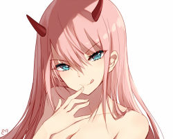 Rule 34 | 10s, 1girl, aqua eyes, bison cangshu, breasts, darling in the franxx, finger to mouth, horns, medium breasts, pink hair, simple background, solo, tongue, tongue out, white background, zero two (darling in the franxx)