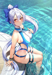 Rule 34 | 1girl, absurdres, ass, blue bow, blue one-piece swimsuit, bow, breasts, closed mouth, competition swimsuit, fate/grand order, fate (series), from side, hair between eyes, hair bow, hand on own chest, highleg, highleg swimsuit, highres, large breasts, long hair, looking at viewer, one-piece swimsuit, ponytail, poolside, red eyes, silver hair, sitting, smile, soaking feet, solar (happymonk), swimsuit, thigh strap, thighs, tomoe gozen (fate), tomoe gozen (swimsuit saber) (fate), tomoe gozen (swimsuit saber) (first ascension) (fate), turtleneck, turtleneck one-piece swimsuit, two-tone swimsuit, very long hair, water, white one-piece swimsuit, wristband