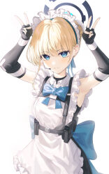Rule 34 | 1girl, apron, armpits, belt pouch, blonde hair, blue archive, blue bow, blue bowtie, blue eyes, bow, bowtie, bun cover, chest harness, double v, earpiece, elbow gloves, fingerless gloves, gloves, hair bun, hands up, harness, highres, maid, maid apron, maid headdress, melt (melt out1), pouch, toki (blue archive), v, white background
