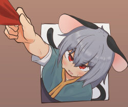 Rule 34 | 1girl, absurdres, animal ears, blush, brown background, capelet, commentary request, dress, green capelet, greenpiecerice, grey dress, grey hair, hair between eyes, highres, long bangs, mouse ears, mouse girl, mouse tail, nazrin, open mouth, red eyes, shirt, short hair, short sleeves, solo, sweat, tail, touhou, upper body, white shirt