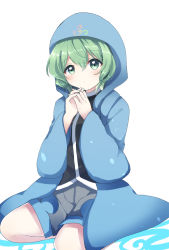 Rule 34 | 1girl, black shirt, blue coat, breasts, closed mouth, coat, commentary request, genderswap, genderswap (otf), green eyes, green hair, hair between eyes, hands up, highres, hood, hood up, hooded coat, len&#039;en, open clothes, open coat, ougi hina, own hands together, seiza, shirt, shitodo aoji, short hair, shorts, simple background, sitting, small breasts, solo, white background