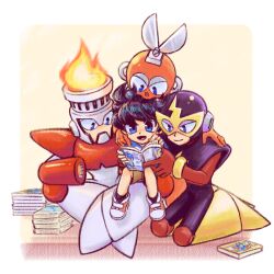 Rule 34 | 4boys, android, black hair, blue eyes, book, closed mouth, cut man, elec man, fire, fire man, highres, holding, holding book, laser-lance, mega man (character), mega man (classic), mega man (series), multiple boys, open mouth, red footwear, seiza, shoes, short hair, sitting, sneakers