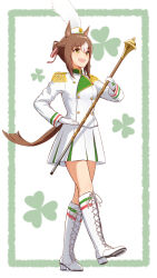 Rule 34 | 1girl, alternate costume, animal ears, blush, boots, brown hair, buttons, clover, cross-laced footwear, double-breasted, epaulettes, fine motion (umamusume), full body, gloves, green eyes, hair bun, hat, high heels, highres, holding, holding scepter, horse ears, horse girl, horse tail, jacket, kaniyamo, lace-up boots, long hair, long sleeves, looking afar, multicolored hair, open mouth, scepter, short hair, skirt, smile, solo, tail, two-tone hair, umamusume, walking, white gloves, white jacket, white skirt