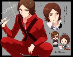 Rule 34 | !, !!, 2boys, black border, blush, border, brown eyes, brown hair, cake, closed mouth, crying, eating, food, grey background, high collar, jacket, long sleeves, male focus, multiple boys, multiple views, pants, persona, persona 2, persona 2 batsu, persona 2 tsumi, simple background, squatting, suou katsuya, suou tatsuya, suou tatsuya (persona 2 batsu), tears, track jacket, track pants, track suit, translation request, tyo197snh