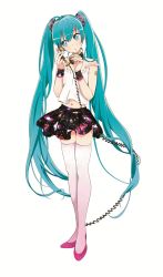 Rule 34 | 1girl, blue eyes, blue hair, female focus, hair ornament, hatsune miku, high heels, jewelry, long hair, matching hair/eyes, phone, pink thighhighs, redial (vocaloid), simple background, skirt, solo, standing, straight hair, strap slip, thighhighs, twintails, very long hair, vocaloid, zettai ryouiki