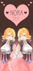 Rule 34 | 2girls, aqua eyes, character name, cleavage cutout, clone, clothing cutout, copyright name, dated, dual persona, dy (372127010), flipped hair, gradient background, heart, multiple girls, nora valkyrie, open mouth, orange hair, rwby, smile, symmetry