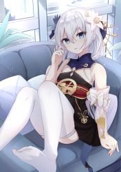 Rule 34 | 1girl, bare shoulders, black dress, blue eyes, blue flower, bow, couch, dress, earrings, feet, flower, foot out of frame, hair between eyes, hair flower, hair ornament, hand in own hair, headgear, highres, honkai (series), honkai impact 3rd, indoors, jewelry, long hair, looking at viewer, no shoes, parted lips, pillow, plant, sitting, smile, solo, theresa apocalypse, zhuge kongming (honkai impact), thighhighs, touhourh, white bow, white flower, white hair, white thighhighs, window, zhuge kongming (honkai impact)