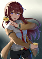 Rule 34 | 1girl, :d, belt, black shorts, blush, brown hair, commentary request, cowboy shot, cup, highres, holding, holding cup, jacket, lilium443, long hair, looking at viewer, makise kurisu, necktie, open mouth, pantyhose, purple eyes, red necktie, shirt, shorts, smile, solo, standing, steins;gate, v-shaped eyebrows, white shirt