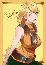 Rule 34 | 1girl, :d, armpits, arms behind back, ashley graham, belt, blonde hair, breasts, butcha-u, highres, large breasts, open mouth, plaid, plaid skirt, resident evil, resident evil 4, skirt, smile, sweater vest, yellow eyes