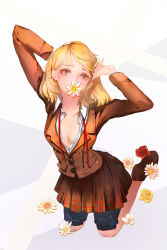 Rule 34 | 10s, 1girl, arm behind head, arms up, blazer, blonde hair, breasts, brown eyes, buttons, cleavage, collared shirt, dress shirt, flower in mouth, full body, hand in own hair, hand on own head, highres, jacket, kneeling, long sleeves, loose clothes, medium breasts, midorikawa hana, miniskirt, mouth hold, open clothes, open shirt, orry, prison school, red ribbon, ribbon, school uniform, shirt, shoes, short hair, shorts, shorts under skirt, skirt, solo, swept bangs, unbuttoned, white shirt