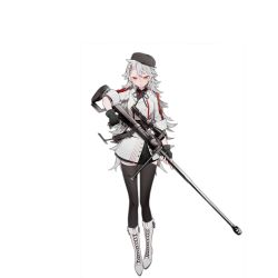 Rule 34 | 1girl, anti-materiel rifle, black gloves, black hat, black thighhighs, boots, brown eyes, fingerless gloves, full body, gepard m1 (girls&#039; frontline), girls&#039; frontline, gloves, grey hair, gun, hair between eyes, hat, holding, holding gun, holding weapon, jacket, km2o4, long hair, looking at viewer, messy hair, neck ribbon, neckwear request, official art, parted lips, ribbon, rifle, scope, sidelocks, sniper rifle, solo, standing, thighhighs, transparent background, very long hair, weapon, white footwear, zettai ryouiki