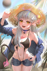 Rule 34 | 1girl, :d, absurdres, arm up, artist name, bare shoulders, bell, black jacket, black one-piece swimsuit, black shorts, blush, bracelet, breasts, brown eyes, casual one-piece swimsuit, cleavage, collar, cow, cowboy shot, day, grey hair, hand on headwear, hand on own hip, hat, highres, jacket, jewelry, large breasts, light rays, long hair, long sleeves, looking at viewer, mole, mole under eye, navel, neck bell, off shoulder, one-piece swimsuit, open clothes, open fly, open jacket, open mouth, open shorts, original, outdoors, short shorts, shorts, smile, solo, stomach, straw hat, sun hat, sunbeam, sunlight, swimsuit, tail, tattoo, thigh gap, very long hair, yellow hat, yuxing yuhang