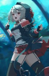 Rule 34 | 1girl, animal hood, aquarium, bad id, bad pixiv id, belt, belt buckle, black belt, black footwear, black gloves, black hair, black jacket, blurry, blurry background, bow, braid, brown collar, brown thighhighs, buckle, camisole, chain, collar, commentary, fang, fingerless gloves, fish, french braid, from side, garter straps, gloves, hair ornament, hands up, highres, hololive, hood, hood up, jacket, long sleeves, looking at viewer, looking to the side, medium hair, miniskirt, motion blur, multicolored clothes, multicolored hair, multicolored jacket, nail polish, o-ring, off-shoulder jacket, off shoulder, open clothes, open jacket, open mouth, orca hood, plaid, plaid bow, plaid skirt, red bow, red eyes, red jacket, red nails, red skirt, running, sakamata chloe, signature, skirt, solo, spung, streaked hair, thighhighs, two-tone jacket, virtual youtuber, white camisole, x hair ornament, zettai ryouiki