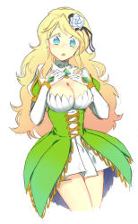 Rule 34 | 1girl, blonde hair, blue eyes, breasts, cleavage, cleavage cutout, clothing cutout, cosplay, earrings, elsword, female focus, flower, gloves, grand archer (elsword), hair flower, hair ornament, highres, jewelry, large breasts, long hair, open mouth, pleated skirt, rena (elsword) (cosplay), rena erindel, seris (elsword), shironekojr, skirt, solo, sparkle, white gloves