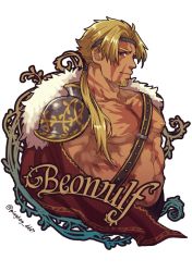 Rule 34 | 1boy, alternate costume, alternate design, alternate hairstyle, bara, beowulf (fate), blonde hair, character name, cup, facial hair, fate/grand order, fate (series), goatee, large pectorals, long hair, male focus, manly, muscular, nipples, pectorals, red eyes, scar, solo, tattoo, topless male, upper body, yamanome