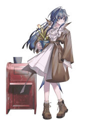 Rule 34 | 1girl, absurdres, alternate costume, ankle boots, arknights, astesia (arknights), bare legs, belt, blue eyes, blue hair, blunt ends, boots, brown belt, brown coat, brown footwear, coat, commentary, english commentary, feathers, frilled shirt, frills, full body, highres, holding, holding plant, light smile, long hair, long sleeves, looking to the side, plant, postbox (outgoing mail), potted plant, shirt, sidelocks, simple background, sleeves past wrists, socks, solo, white background, white shirt, white socks, zhuang yao