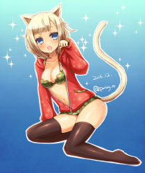Rule 34 | 2016, animal ears, black thighhighs, blonde hair, blue eyes, breasts, cat ears, cat tail, cleavage, full body, highres, miyamae porin, navel, open clothes, open mouth, open shirt, paw pose, shirt, solo, tail, thighhighs