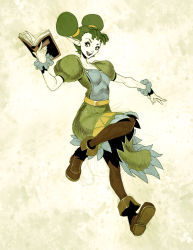 Rule 34 | 1girl, ankle boots, belt, book, boots, double bun, farore, flat chest, genzoman, green eyes, green hair, matching hair/eyes, nintendo, open book, pantyhose, pointy ears, puffy short sleeves, puffy sleeves, short hair, short sleeves, smile, solo, the legend of zelda, the legend of zelda: oracle of ages, the legend of zelda: oracle of seasons, tunic, wrist cuffs