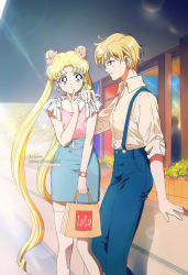 Rule 34 | 2girls, androgynous, bag, bishoujo senshi sailor moon, blonde hair, blue eyes, blue pants, blue skirt, bow, commentary, couple, day, denim, double bun, earrings, english commentary, female focus, hair bow, hair bun, hand on another&#039;s shoulder, hand to own mouth, holding, holding bag, jeans, jewelry, kaze-hime, lens flare, long hair, looking at another, multiple girls, outdoors, pants, parted bangs, pencil skirt, pink bow, pink shirt, shirt, shopping bag, short hair, short sleeves, skirt, sleeves rolled up, suspenders, ten&#039;ou haruka, thighhighs, tsukino usagi, twintails, very long hair, very short hair, watch, wristwatch, yuri, zettai ryouiki
