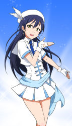 Rule 34 | 10s, 1girl, blue hair, collared shirt, earrings, fingerless gloves, gloves, hat feather, jewelry, kidachi, long hair, looking at viewer, love live!, love live! school idol project, necktie, open mouth, pleated skirt, sailor collar, shirt, short sleeves, skirt, smile, solo, sonoda umi, wonderful rush, yellow eyes