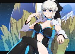 Rule 34 | 1girl, black bow, black dress, blue eyes, blue nails, bow, braid, breasts, center opening, cleavage, clothing cutout, crossed legs, dress, fate/grand order, fate (series), grey hair, half up braid, highres, large breasts, lipstick, long hair, looking at viewer, makeup, morgan le fay (fate), nail polish, sitting, smile, solo, stomach cutout, thighhighs, two-tone dress, yata masahara