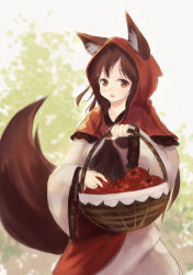 Rule 34 | 1girl, animal ears, apple, bad id, bad pixiv id, brooch, brown hair, dress, food, fruit, highres, hood, imaizumi kagerou, jewelry, long hair, long sleeves, looking at viewer, open mouth, red eyes, red hood, solo, tail, touhou, wide sleeves, wolf ears, wolf tail, yukitourou