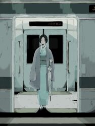 1girl black_hair geta gghost0627 hanten_(clothes) highres holding holding_umbrella japanese_clothes kimono mature_female muted_color original subway tabi train translated translation_request turquoise_theme umbrella updo