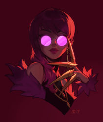 Rule 34 | 1girl, adjusting eyewear, adjusting glasses, claw (weapon), earrings, evelynn (league of legends), eyelashes, feather boa, glasses, idol, jewelry, k/da (league of legends), k/da evelynn, league of legends, lips, lipstick, looking at viewer, m t, makeup, official alternate costume, opaque glasses, pink-tinted eyewear, pink-tinted glasses, purple-tinted eyewear, purple-tinted glasses, purple hair, purple lips, red background, round eyewear, signature, solo, sunglasses, swept bangs, tinted eyewear, upper body, weapon