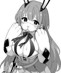 Rule 34 | 1girl, animal ears, animal hands, azur lane, azur lane: slow ahead, boise (azur lane), boise (muse) (azur lane), bow, bowtie, breasts, breasts squeezed together, chain, dog mask, fake animal ears, greyscale, hands up, hori (hori no su), idol, idol clothes, large breasts, long braid, long hair, looking at viewer, mask, monochrome, mouth mask, official alternate costume, official art, rabbit ears, simple background, solo, upper body, very long hair, white background