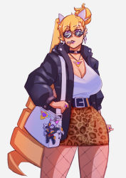 Rule 34 | 1girl, animal print, bag, belt, black belt, black jacket, blonde hair, breasts, cigarette, cleavage, collarbone, commentary, cosmikaizer, drill hair, english commentary, fishnets, galatikaizer (comsikaizer), grey background, handbag, highres, in mouth, jacket, jewelry, lana branford (cosmikaizer), large breasts, leopard print, long hair, mecha, necklace, original, purple eyes, purple lips, robot, shirt, shirt tucked in, solo, sunglasses, twin drills, twintails, uneven twintails, very long hair, white shirt
