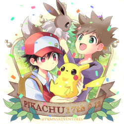 Rule 34 | 2boys, backpack, bag, baseball cap, black hair, blue oak, brown bag, brown hair, character name, closed mouth, cocoloco, collarbone, commentary request, confetti, creatures (company), eevee, game freak, gen 1 pokemon, green eyes, hair between eyes, hat, holding, holding pokemon, leaf, long sleeves, looking up, lowres, multiple boys, nintendo, open mouth, pikachu, pokemon, pokemon (creature), pokemon rgby, purple shirt, red (pokemon), red eyes, shirt, spiked hair, teeth, tongue, watermark