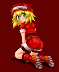 Rule 34 | 1girl, ass, belt, black socks, blonde hair, blush, bodystocking, brown belt, cabbie hat, closed mouth, commentary request, cropped jacket, from behind, full body, gloves, green eyes, hat, jacket, long hair, looking at viewer, m.m, mega man (series), mega man legends (series), pocket, red background, red footwear, red hat, red jacket, red shorts, roll caskett (mega man), seiza, shadow, shoes, short shorts, shorts, sitting, socks, solo