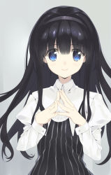 Rule 34 | 1girl, black hair, black hairband, blue eyes, buttons, dress, grey background, hairband, juliet sleeves, long hair, long sleeves, looking at viewer, original, own hands together, puffy sleeves, sasaki mutsumi, shirt, simple background, smile, striped clothes, striped dress, upper body, white shirt