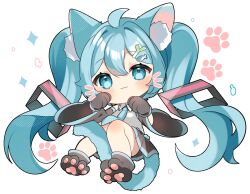 Rule 34 | 1girl, :3, ahoge, animal ear fluff, animal ears, animal hands, between legs, black footwear, black gloves, black skirt, blue eyes, blue hair, blue necktie, blush, cat day, cat ears, cat tail, chibi, closed mouth, collared shirt, detached sleeves, fish hair ornament, floating, food-themed hair ornament, full body, gloves, grey shirt, hair between eyes, hair intakes, hair ornament, hairclip, hands up, hatsune miku, highres, kemonomimi mode, knees together feet apart, long hair, looking at viewer, miniskirt, necktie, paw gloves, paw print, paw print soles, paw shoes, pleated skirt, shirt, skirt, smile, solo, spring onion, tail, tail between legs, tail censor, twintails, very long hair, vocaloid, white background, yuni (irohasuiroiro)