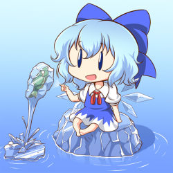 Rule 34 | 1girl, barefoot, blue dress, blue eyes, blue hair, bow, chibi, cirno, cryokinesis, dress, fish, fishing, frozen, hair bow, ice, ice block, ice wings, matching hair/eyes, mazume, open mouth, puffy sleeves, shirt, short sleeves, sitting, smile, solo, touhou, water, wings, | |