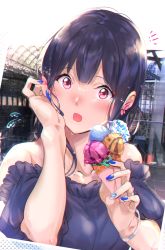 Rule 34 | !, 1girl, bare shoulders, blue hair, blue nails, blush, bracelet, commentary request, dark blue hair, earrings, food, hands up, hibike! euphonium, highres, ice cream, jewelry, kuziaaizuk, liz to aoi tori, nail polish, off-shoulder shirt, off shoulder, open mouth, red eyes, shirt, solo, surprised, upper body, wide-eyed, yoroizuka mizore