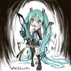 Rule 34 | 1girl, bad id, bad pixiv id, blush, chibi, green eyes, green hair, hatsune miku, long hair, matching hair/eyes, music, musical note, quaver, quaver rest, sharp sign, solo, spring onion, treble clef, twintails, ume (illegal bible), very long hair, vocaloid